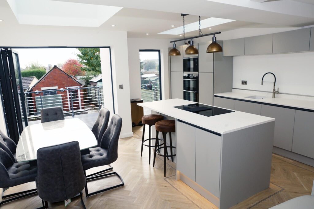 Single storey kitchen extension in Coventry with island and roof lights